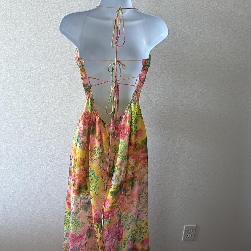 NWT Floral Dress L Y2K Lace-Up Back Maxi Side Slit Coquette Boho Resort Romantic - Picture 4 of 16